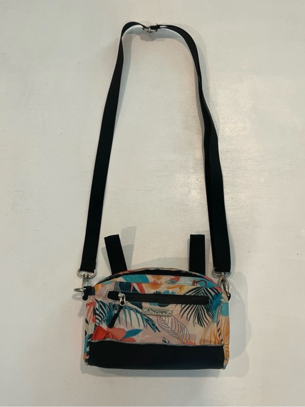 Tropical Print Crossbody Bag with Black Trim